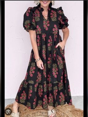 NWOT THML Black Maxi Dress with Pink Floral Print